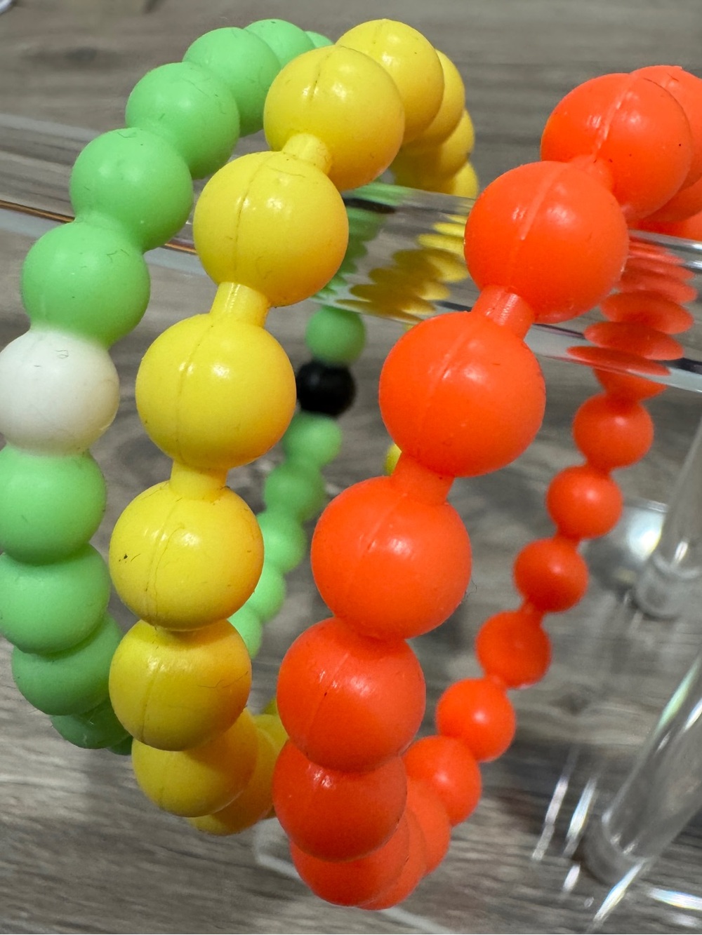 3 Rubber Bead Bracelets - Green, Yellow & Orange - Good Condition